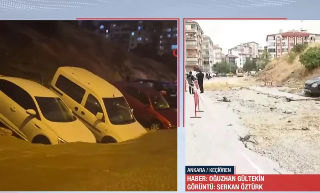 Başkentte Sağanak Dehşeti: Keçiören'de Yol Çöktü, Araçlar Ziyan Oldu