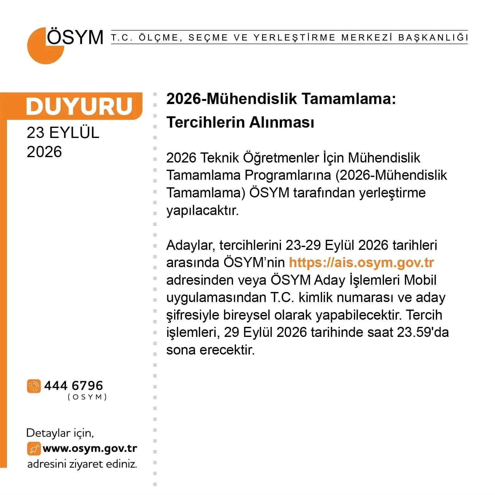 2026 mühendislik tamamlama tercihleri başladı: Son gün 29 Eylül, ALES şartı aranıyor