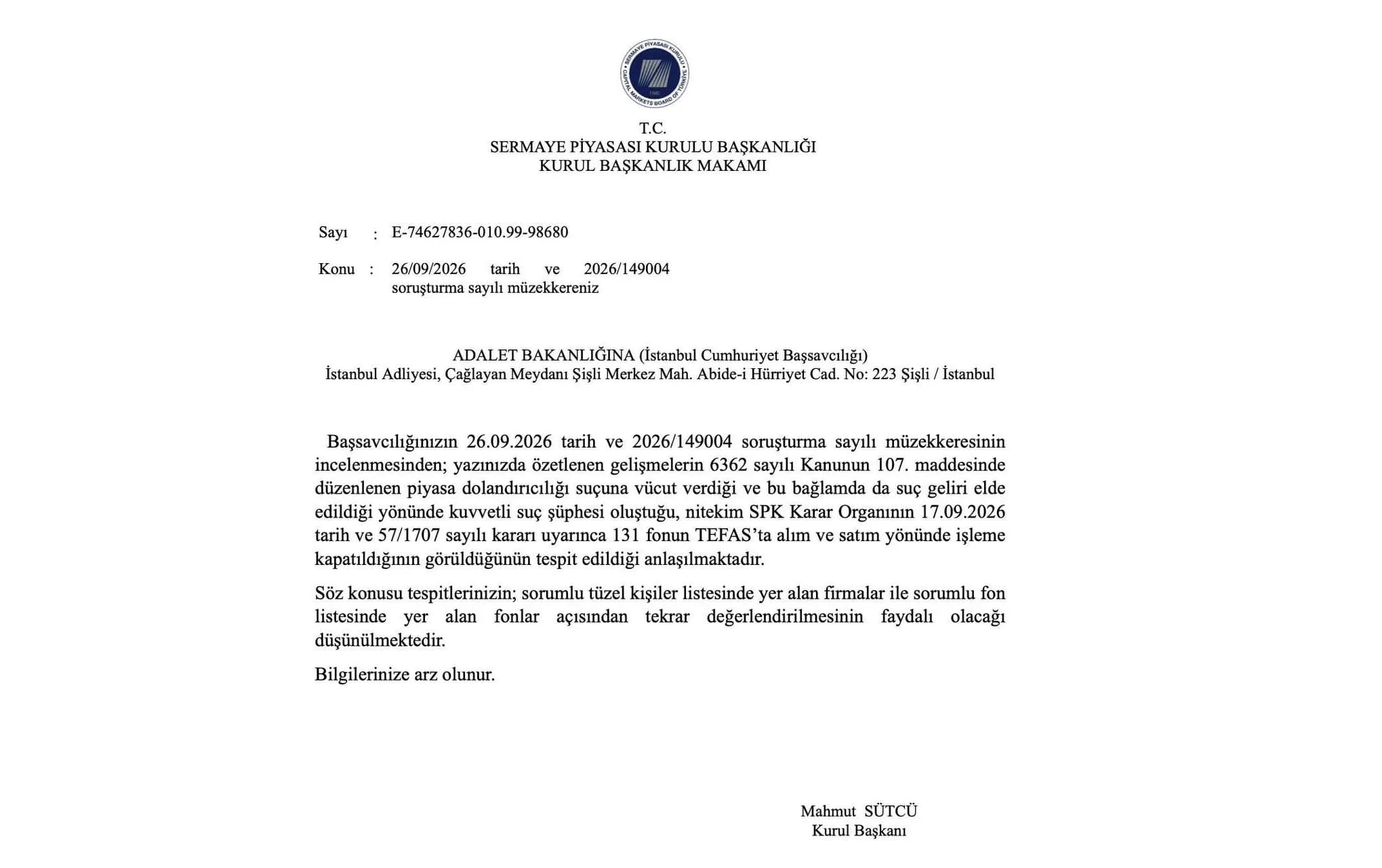 Fon soruşturmasında SPK’nın başsavcılığa gönderdiği yazı ortaya çıktı