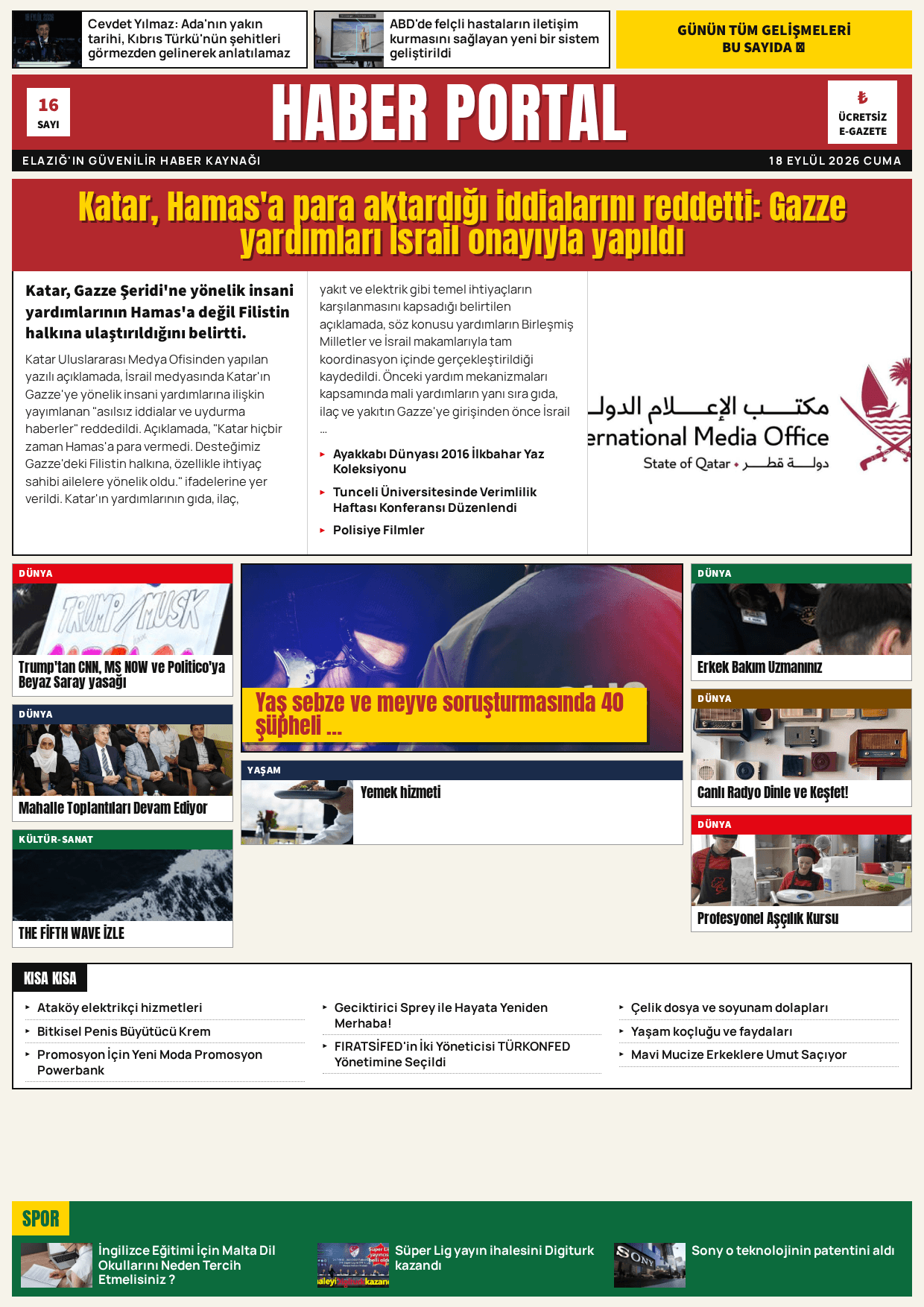 Haber Portal — 18 Eylül 2026 Cuma