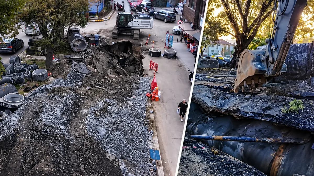Eyüpsultan Bulvarı'nda İSKİ çalışmasında göçük! Trafik havadan görüntülendi