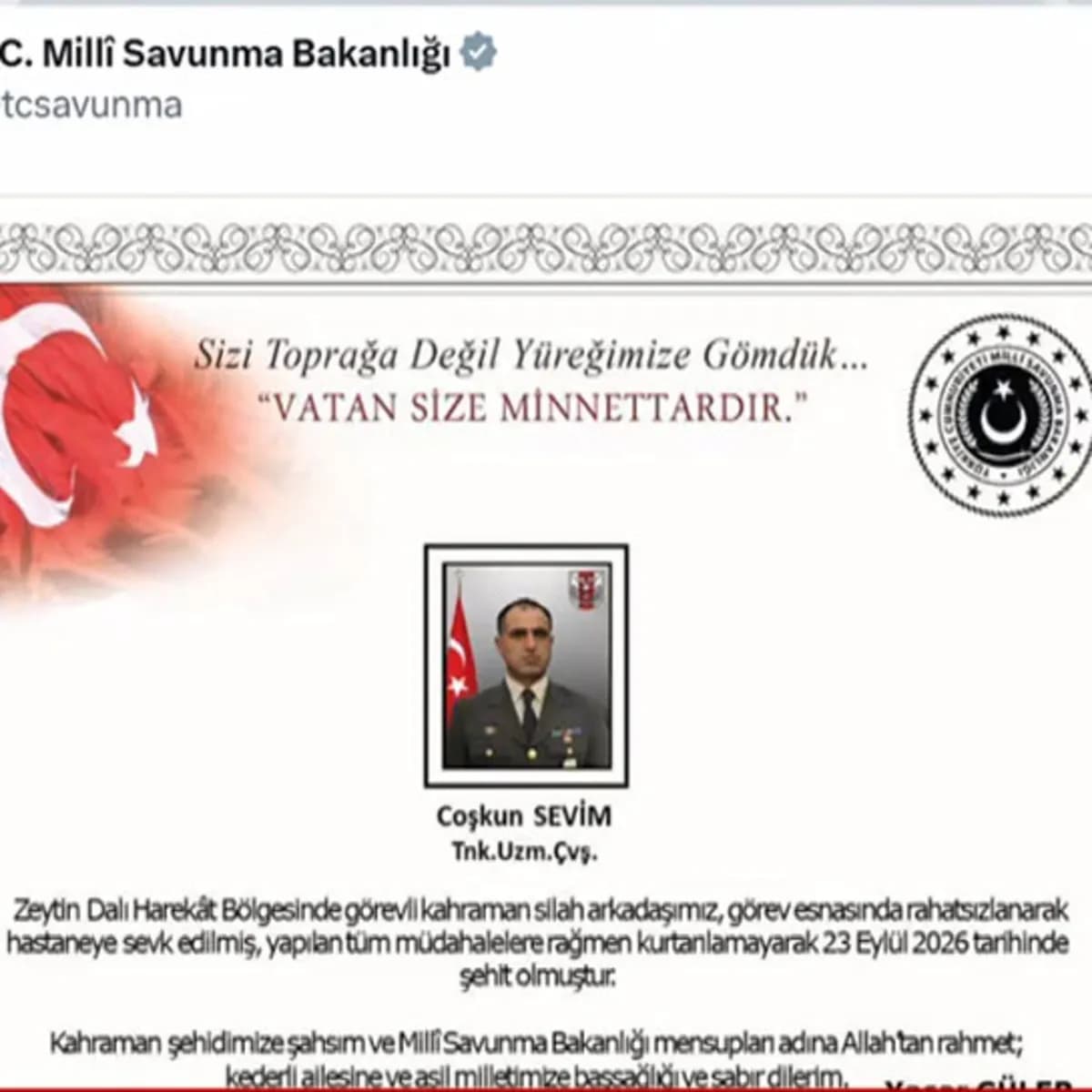 Zeytin Dalı Harekat Bölgesi'nden acı haber! Tankçı Uzman Çavuş Coşkun Sevim şehit oldu