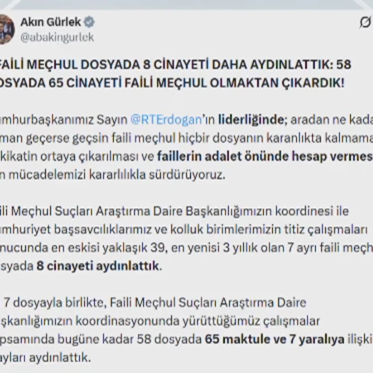 Adalet Bakanı Akın Gürlek duyurdu: 7 faili meçhul dosyada 8 cinayet aydınlatıldı