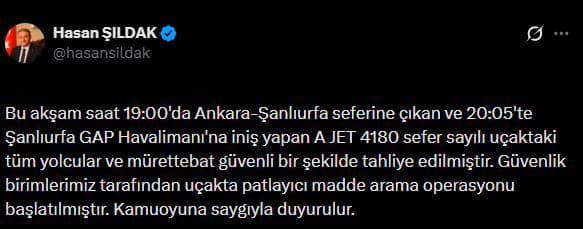 Şanlıurfa GAP Havalimanı'nda Bomba İhbarı: Yolcular Tahliye Edildi