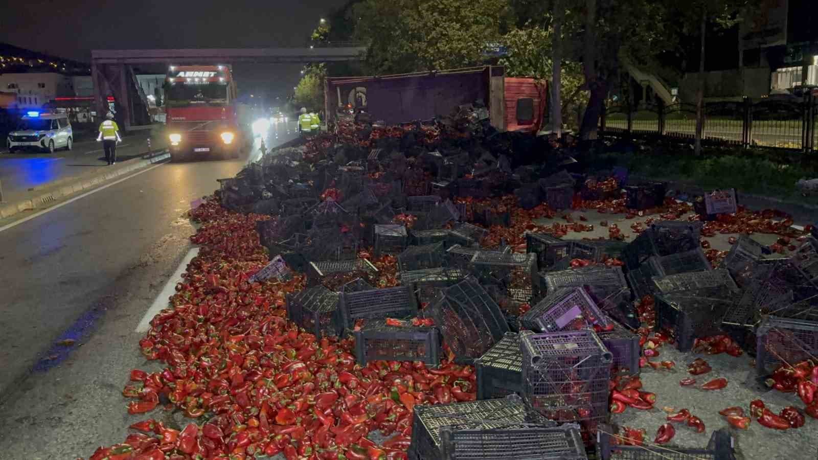 Samsun'da Kamyon Devrildi: 10 Ton Kapya Biber Yola Saçıldı