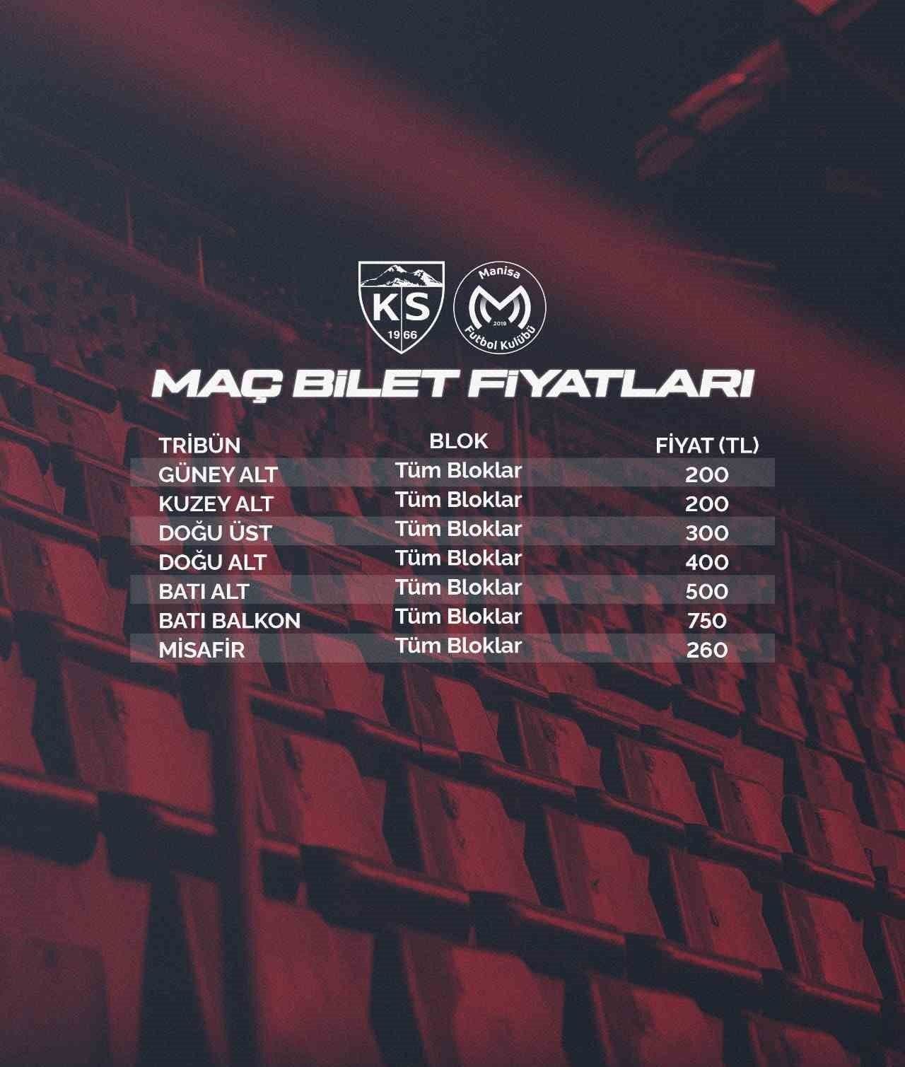 Kayserispor - Manisa FK Karşılaşmasının Bilet Fiyatları Açıklandı