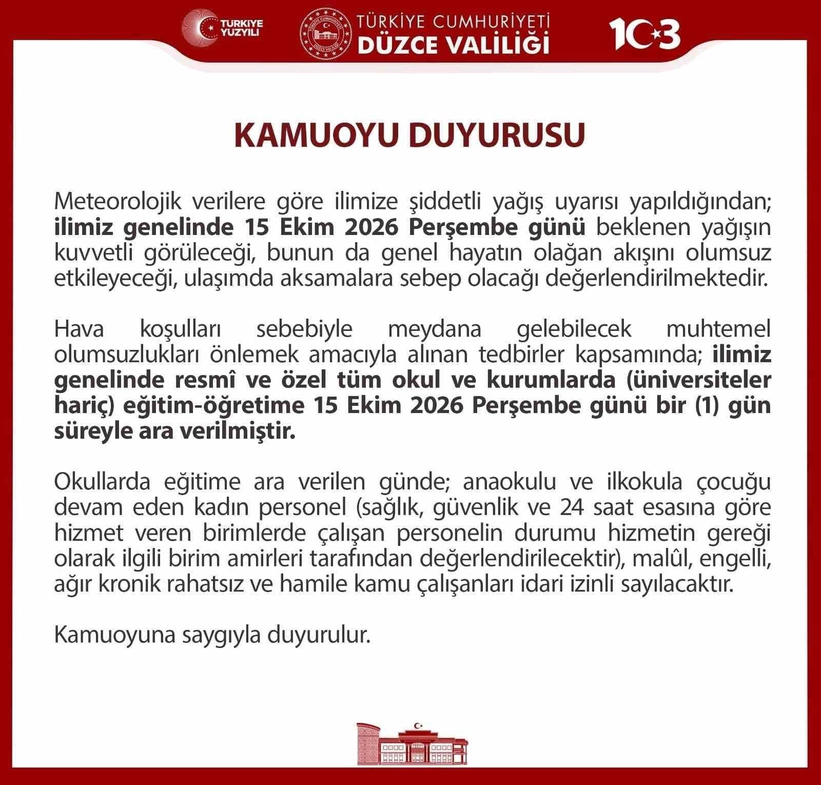 Düzce'de Şiddetli Yağış Nedeniyle Okullar Tatil Edildi